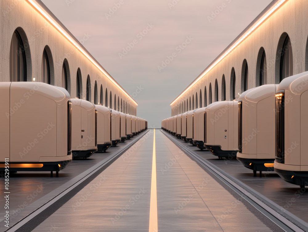 Fototapeta premium Ultra modern architecture featuring sleek, futuristic pods aligned in minimalist setting. serene atmosphere is enhanced by soft lighting and reflective surfaces