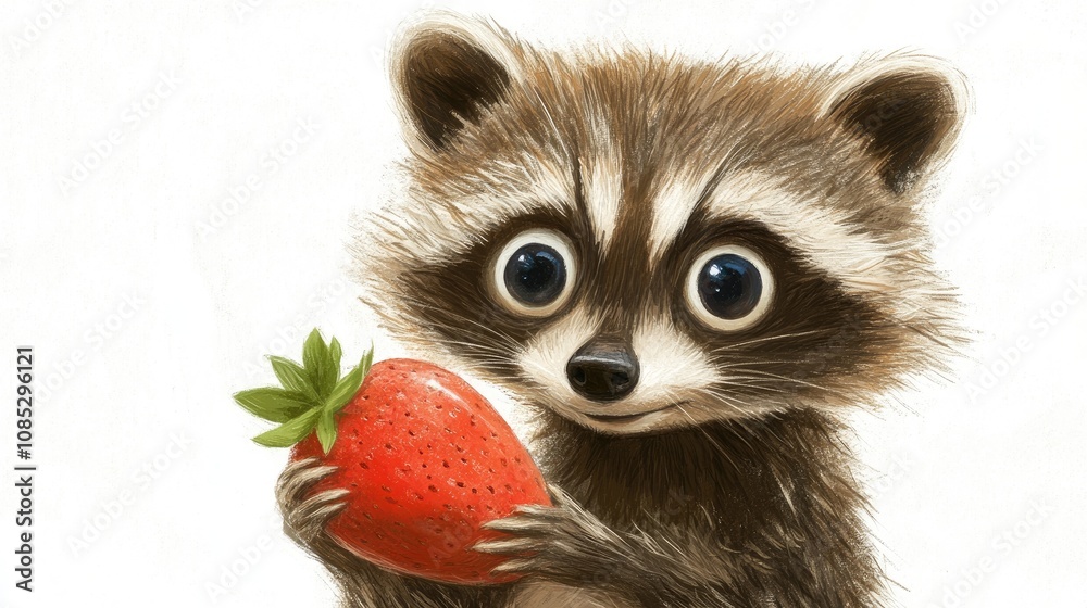 Obraz premium Adorable Raccoon Holding a Strawberry Illustration
