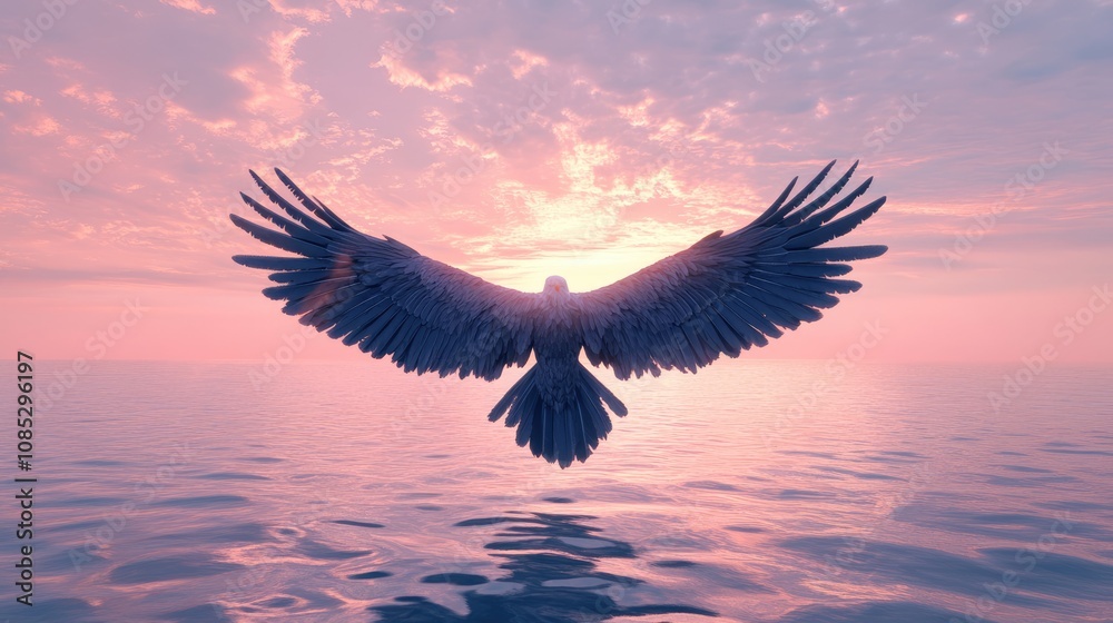 Eagle Soaring Above Ocean at Sunset