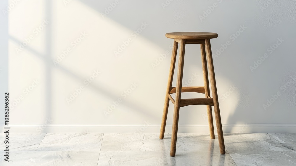 Sunlit wooden stool with minimalist design on marble floor Sunlit wooden stool with minimalist design on marble floor