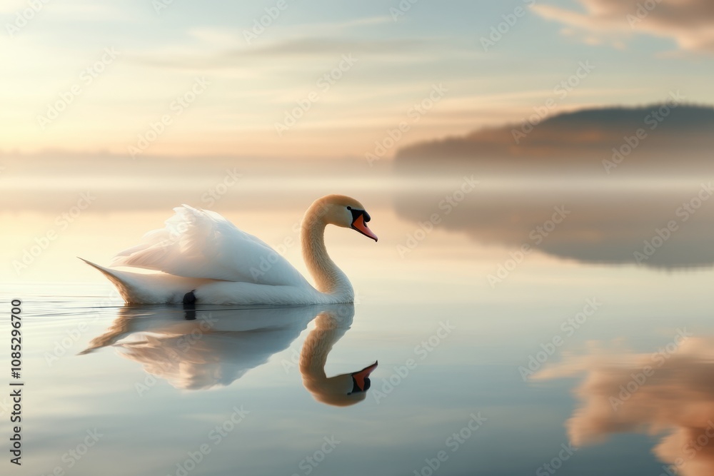 A majestic swan glides gracefully on a tranquil lake, reflecting the early morning's soft light and misty surroundings. A majestic swan glides gracefully on a tranquil lake, reflecting the early morning's soft light and misty surroundings.