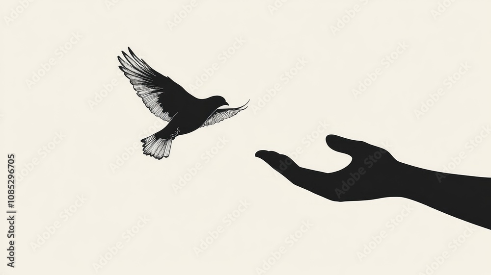 Fototapeta premium Silhouette of bird flying towards outstretched hand against plain background