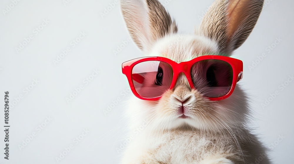 On a white background, a fluffy rabbit sporting fashionable red sunglasses On a white background, a fluffy rabbit sporting fashionable red sunglasses