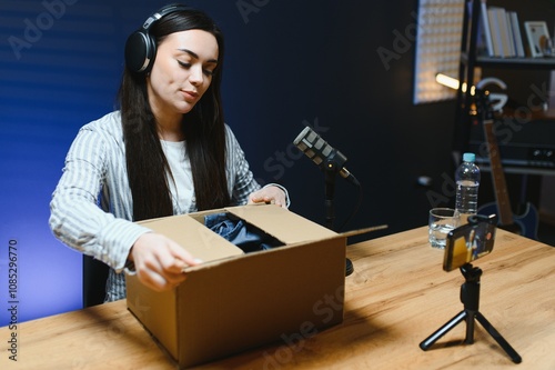 Cheerful fashion influencer excitedly displays new products during a live unboxing session photo