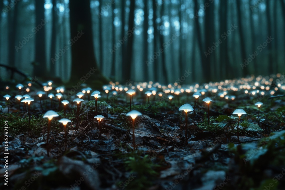 Enchanted mushrooms softly glow with light in a misty, atmospheric forest, creating a dreamlike, mysterious scene reminiscent of fairytales. Enchanted mushrooms softly glow with light in a misty, atmospheric forest, creating a dreamlike, mysterious scene reminiscent of fairytales.