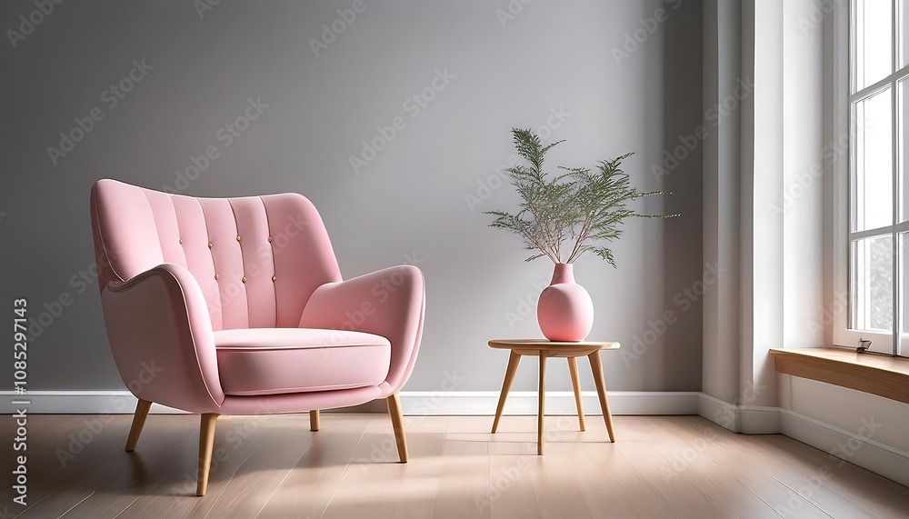 A soft pink chair sits against a light gray wall in a serene minimalist space with wooden f_1(160) A soft pink chair sits against a light gray wall in a serene minimalist space with wooden f_1(160)