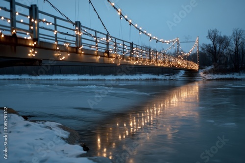 A scenic bridge adorned with twinkling lights stretches across a tranquil frozen river, reflecting a magical winter wonderland in a serene, twilight setting.