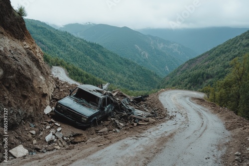 A remote mountain road interrupted by landslide debris, juxtaposing the beauty and unpredictability of nature in a rugged wilderness setting. photo