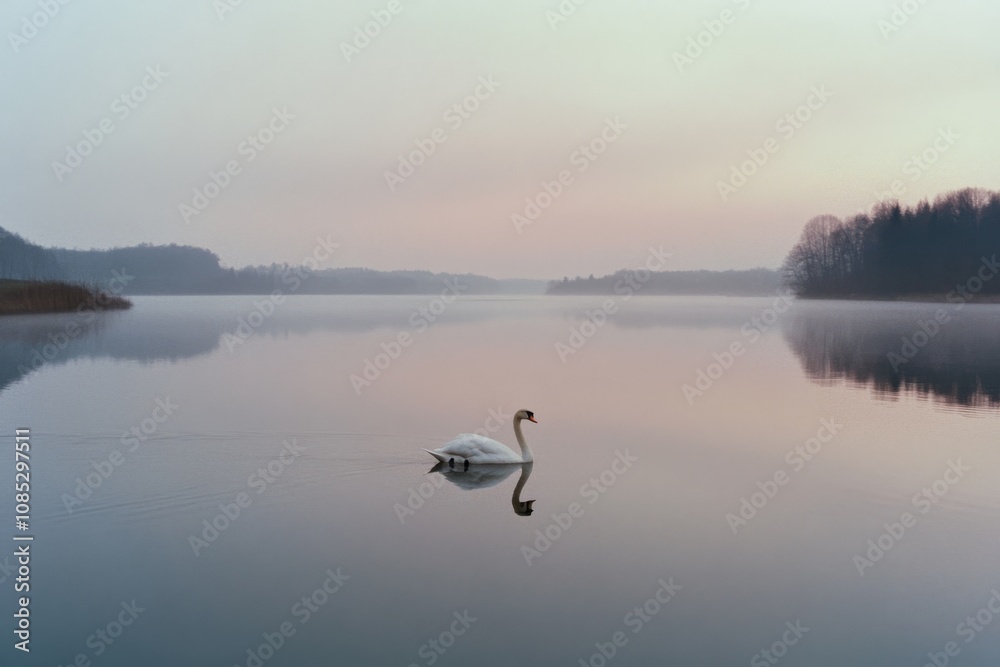 A lone swan gracefully glides across a misty lake at dawn, reflecting the soft pastel hues of the tranquil morning sky. A lone swan gracefully glides across a misty lake at dawn, reflecting the soft pastel hues of the tranquil morning sky.