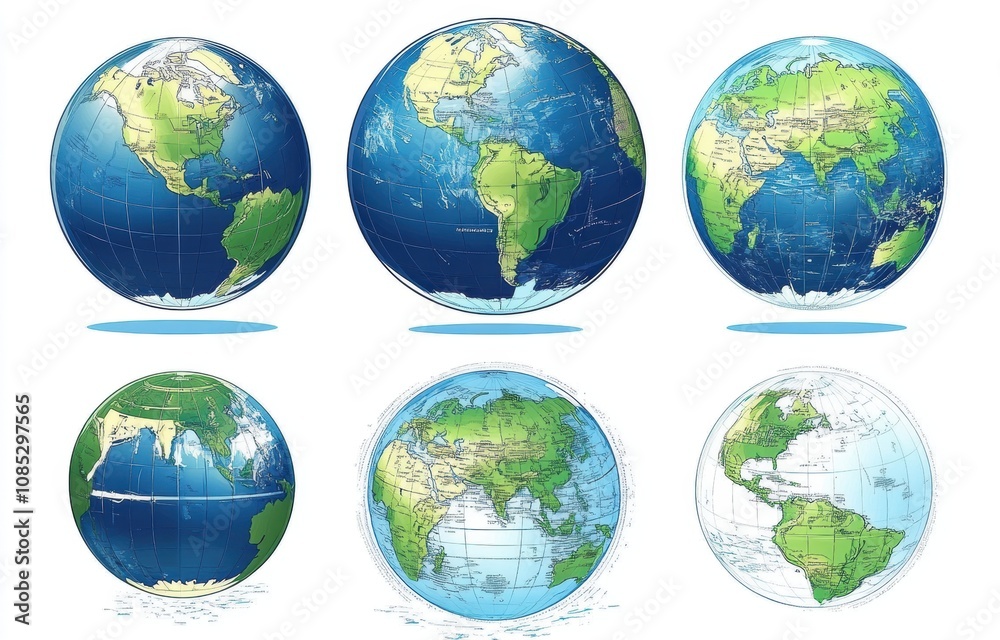 Detailed Illustrated Maps of Earth Featuring Six Globes Showcasing Different Views of Continents, Oceans, and Topographical Features for Educational Purposes