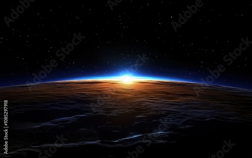 Awe-Inspiring View of Earth at Dawn from Space Showcasing the Beautiful Horizon and Twinkling Stars in the Vast Universe Beneath a Blue Atmospheric Glow