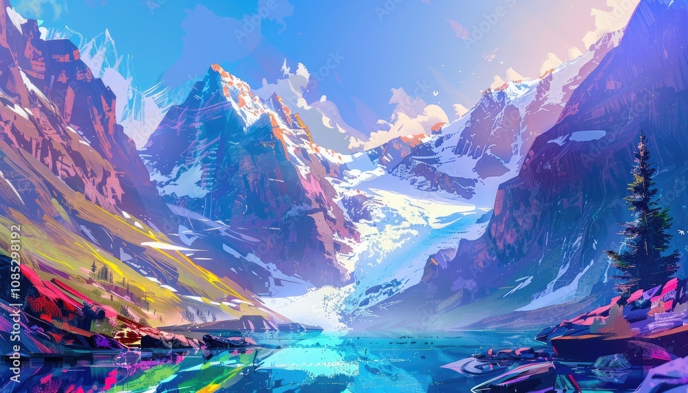 Obraz premium A Vivid Mountain Landscape with a Still Lake in the Foreground