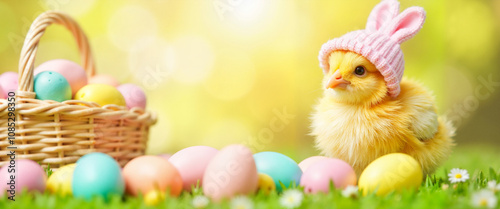 Adorable chick in bunny hat with Easter eggs in spring setting