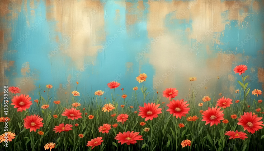Obraz premium Vibrant orange flowers blooming against a textured blue and brown background in springtime