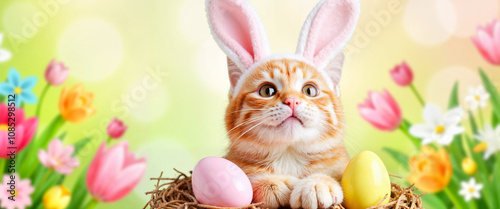 Ginger cat with bunny ears among Easter eggs and spring flowers
