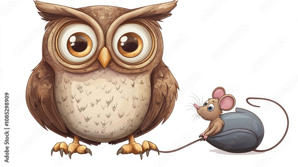Cartoon Owl with Greedy Eyes Holding a Mouse Cartoon Owl with Greedy Eyes Holding a Mouse