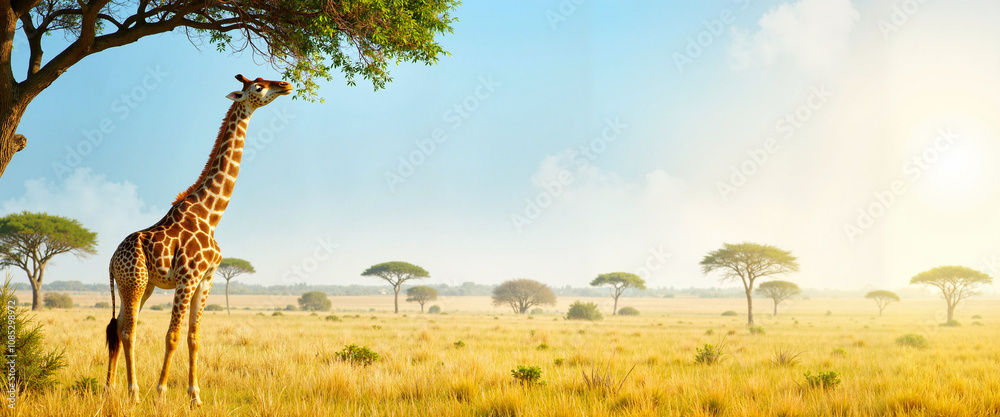 Fototapeta premium Giraffe reaching for leaves in sunny African savanna landscape