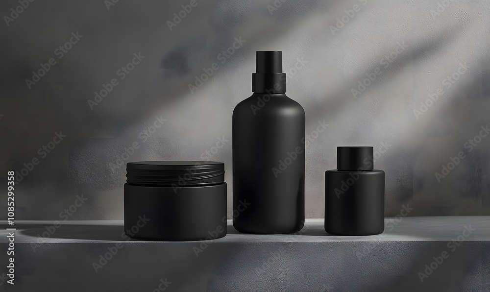 Fototapeta premium Black Cosmetic Containers Arranged On Gray Surface