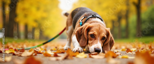 Beagle dog sniffing autumn leaves in vibrant yellow park
