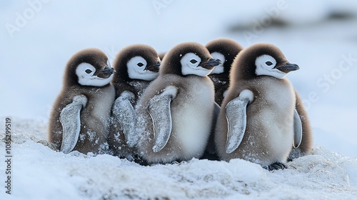 Emperor Penguin Chicks Huddled Together for Warmth on Ice photo