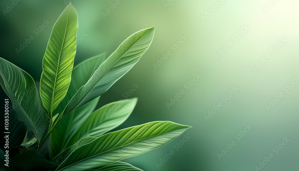 Lush green leaves bathed in soft light create an enchanting natural ambiance Lush green leaves bathed in soft light create an enchanting natural ambiance