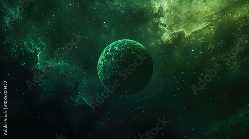 Celestial Landscape: A Verdant Planet in a Starry Nebula