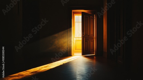 Dimly lit room with open wooden door letting in sunlight