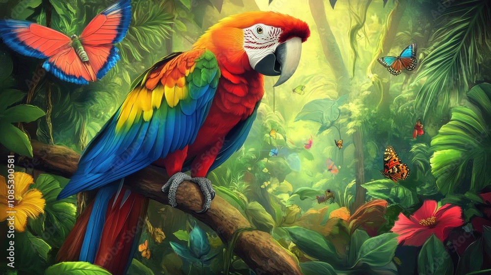Fototapeta premium Colorful Rainforest Scene with Diverse Wildlife