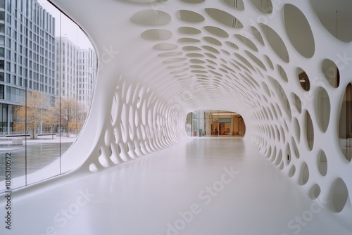 A futuristic white corridor with intricate circular patterns invites exploration, blending modern architecture with organic design. photo