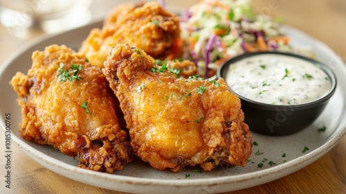 Crispy Fried Chicken Wings with Coleslaw and Ranch Dressing