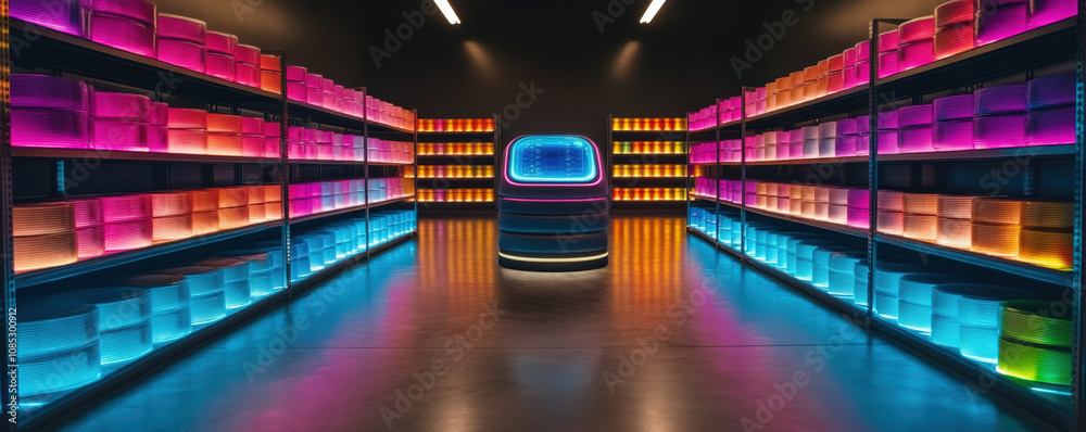 vibrant display of illuminated shelves filled with colorful containers, creating futuristic atmosphere. neon lights enhance modern aesthetic of space vibrant display of illuminated shelves filled with colorful containers, creating futuristic atmosphere. neon lights enhance modern aesthetic of space