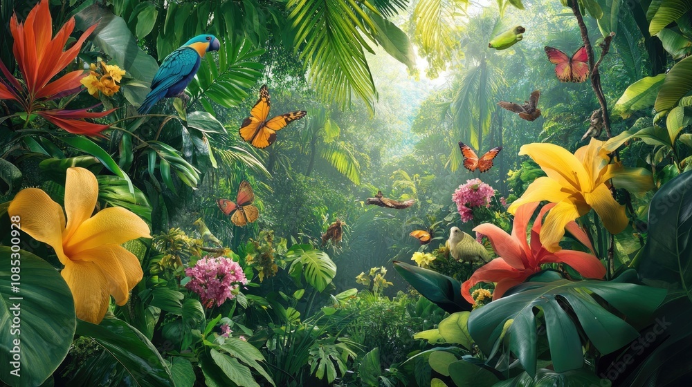 Lush Rainforest with Diverse Wildlife and Flora Lush Rainforest with Diverse Wildlife and Flora