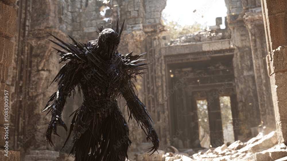 Fototapeta premium Shadowy Malevolent Presence in Decaying Temple Ruins - Ultra-Detailed Dark Fantasy 3D Render