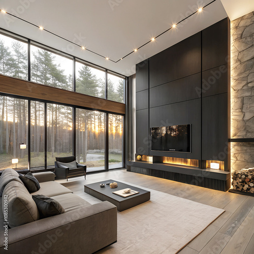 Spacious Modern Living Room with Matte Black Wall and Floor-to-Ceiling Windows Overlooking Nature