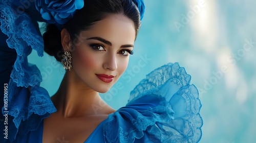 Passionate Flamenco Dancer in Blue Attire Posing Gracefully Image