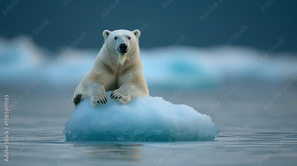 A heartwarming picture of a lone polar bear on a small iceberg in the clear, blue, melting Arctic with a huge ocean surrounding it A heartwarming picture of a lone polar bear on a small iceberg in the clear, blue, melting Arctic with a huge ocean surrounding it