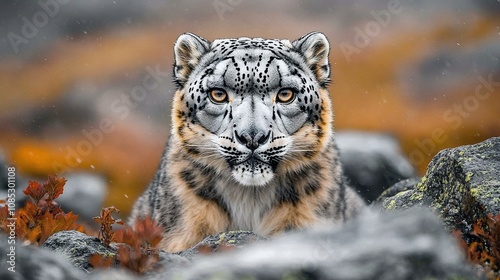 Snow Leopard Camouflaged in Rocky Mountain Terrain photo