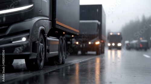 High tech trucks on rainy road, showcasing modern transportation technology and logistics. scene captures essence of efficiency and innovation in freight transport