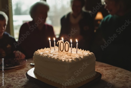 A 100th cake crowned with glowing candles, surrounded by smiling silhouettes, celebrating a centenary with warmth and nostalgia indoors.
