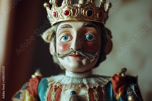 A kingly doll with ornate features and golden crown wears a benevolent smile, embodying regal charm and artistry in exquisite model craftsmanship. photo