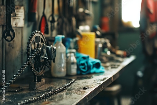 A workshop bench filled with tools, chains, and oil creates an atmosphere of industrious work and craftsmanship. photo