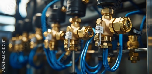 Industrial Valves and Blue Tubing System Closeup