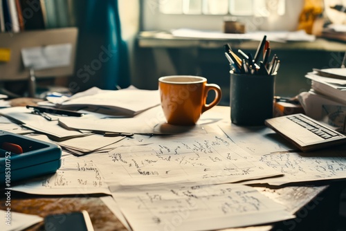 A messy desk teems with papers and pens, adorned with a coffee cup under soft morning light from a window.