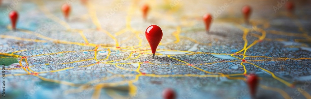 Red Location Pin on a Map with Urban Streets and Eight Nearby Markers for Navigation and Travel Purpose in a Digital Geographic Context