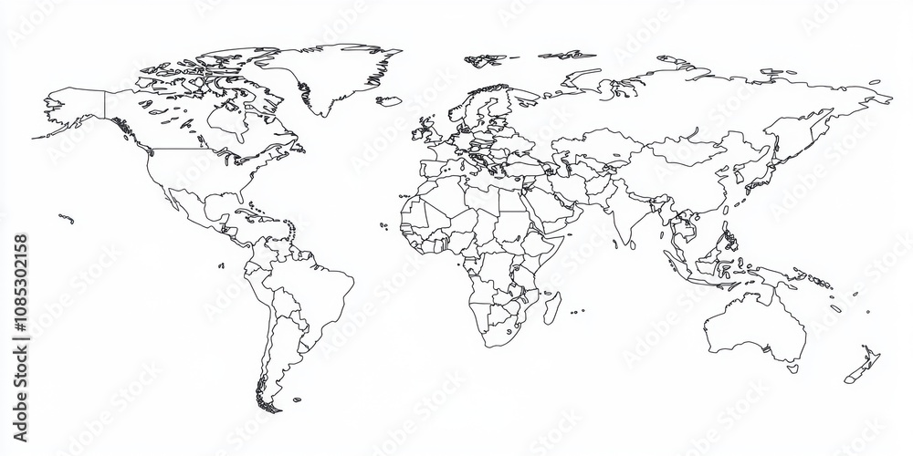 Detailed blank outline map of the world for educational use, highlighting countries and continents without any colors or labels, ideal for geographical and artistic purposes. Detailed blank outline map of the world for educational use, highlighting countries and continents without any colors or labels, ideal for geographical and artistic purposes.