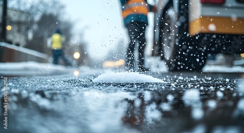 Salt being spread on an icy street surface