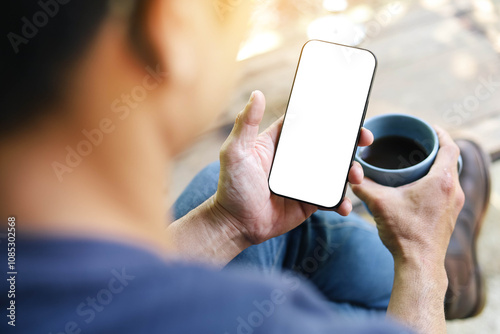Mobile phone blank white screen mockup.texting using cell phone.background empty space for advertise.work people contact marketing business,technology