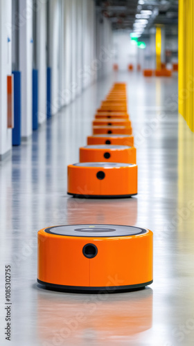 Futuristic warehouse with orange robotic transporters lined up in corridor, showcasing advanced automation and efficiency in logistics photo