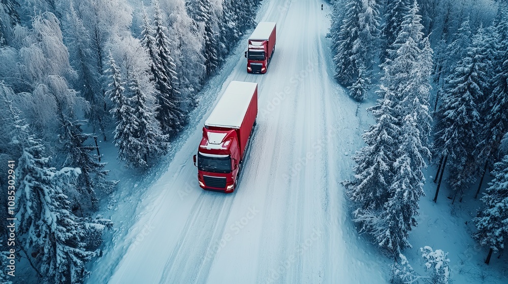 Wintertime truck traffic on a slick road covered with snow Wintertime truck traffic on a slick road covered with snow