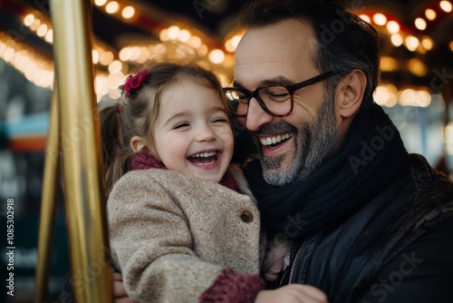 A father and daughter laugh together on a cozy amusement ride, encapsulating the warmth and joy of familial bonds in a whimsical setting.
